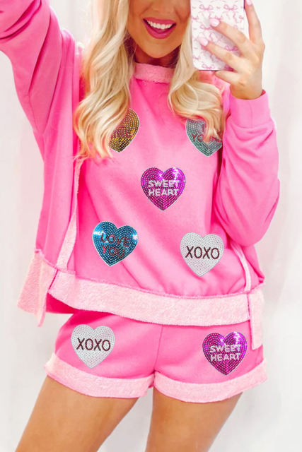 Sachet Pink Valentines Heart Sequin Graphic Patchwork 2pcs Outfit