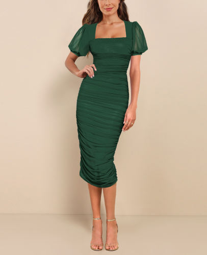 Green Square Neck Puff Short Sleeve Pleated Bodycon Dress