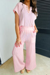 Light Pink Textured Short Sleeve Henley Top and Pocketed Wide Leg Pants Set