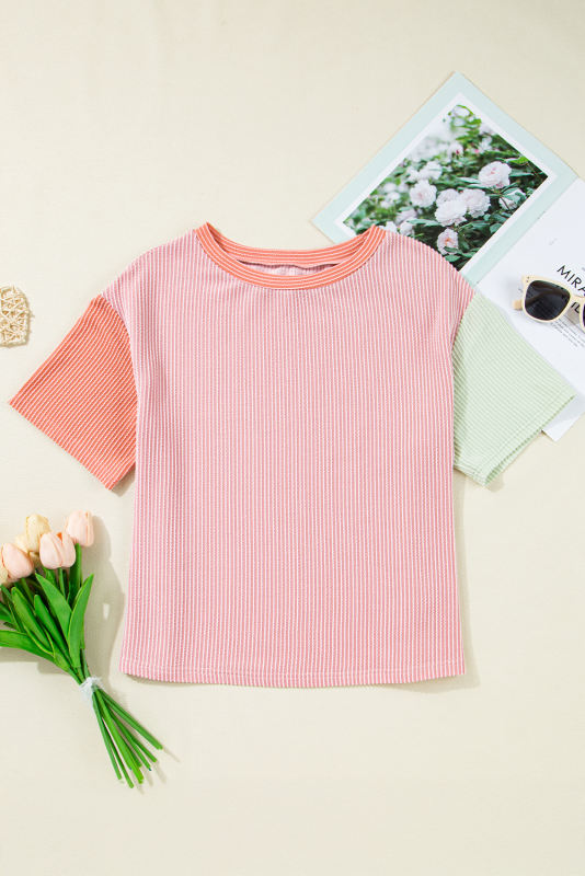 Pink Corded Colorblock Crewneck Tee