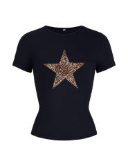 Leopard Star Print Short Sleeve Slim Tops in Black