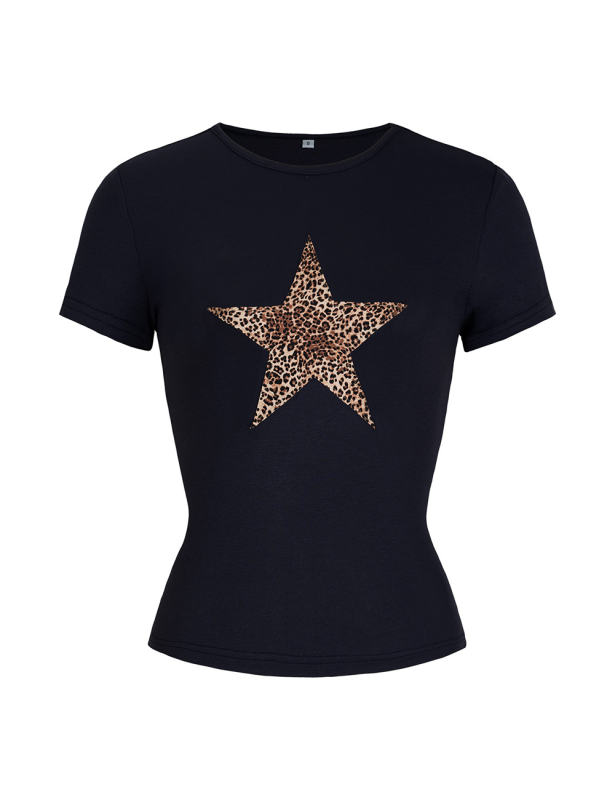 Leopard Star Print Short Sleeve Slim Tops in Black
