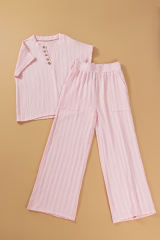 Light Pink Textured Short Sleeve Henley Top and Pocketed Wide Leg Pants Set