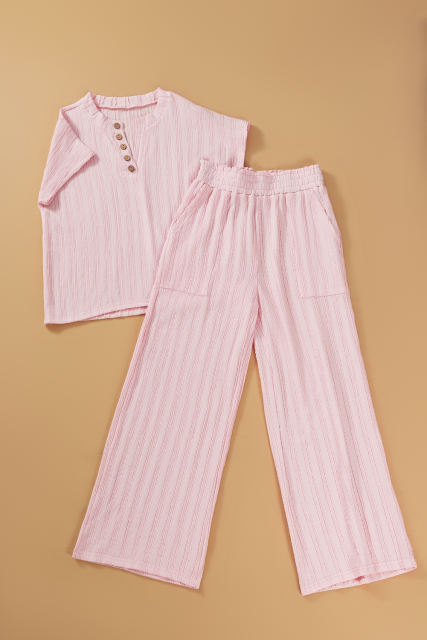 Light Pink Textured Short Sleeve Henley Top and Pocketed Wide Leg Pants Set