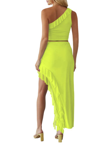 Fluorescent Yellow Ruffled One-shoulder Tank and High Low Asymmetrical Skirt Set