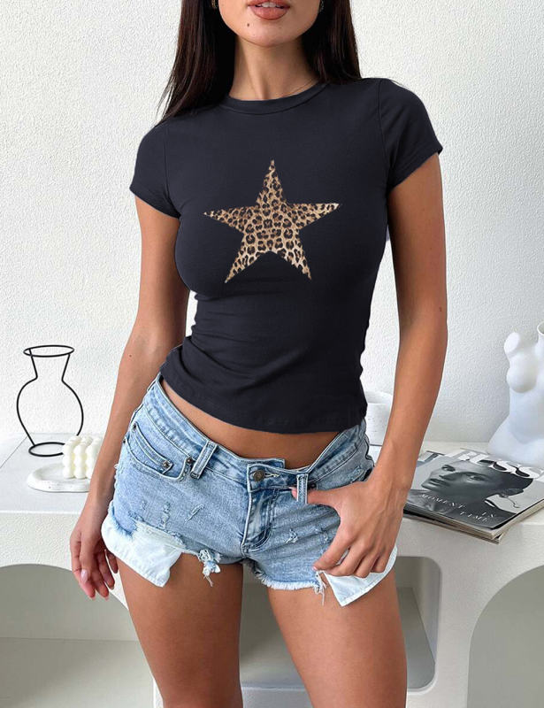 Leopard Star Print Short Sleeve Slim Tops in Black