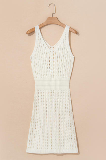 White Eyelet Crochet Sleeveless V Neck Beach Dress