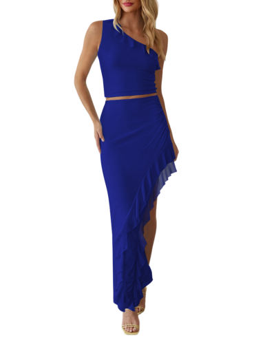 Blue Ruffled One-shoulder Tank and High Low Asymmetrical Skirt Set