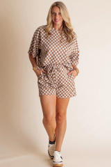 Brown Plus Size Checkerboard Print Side Slim Tee Shorts Set