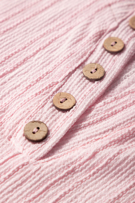 Light Pink Textured Short Sleeve Henley Top and Pocketed Wide Leg Pants Set