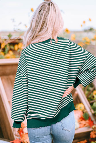 Green Stripe Sequined Clover Drop Shoulder Long Sleeve Casual Top