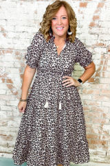 Brown Leopard Tassel Tied Neck Short Sleeve Plus Size Dress