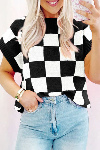Black Colorblock Plaid Pattern Ribbed Trim Sweater Tank Top