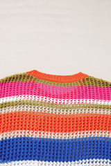 Orange Stripe Colorblock Hollowed Crochet 3/4 Sleeve Sweater