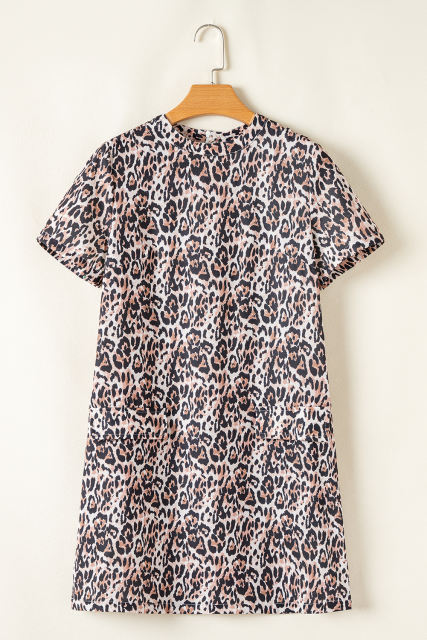 Brown Leopard Print Crew Neck Shift Short T Shirt Dress
