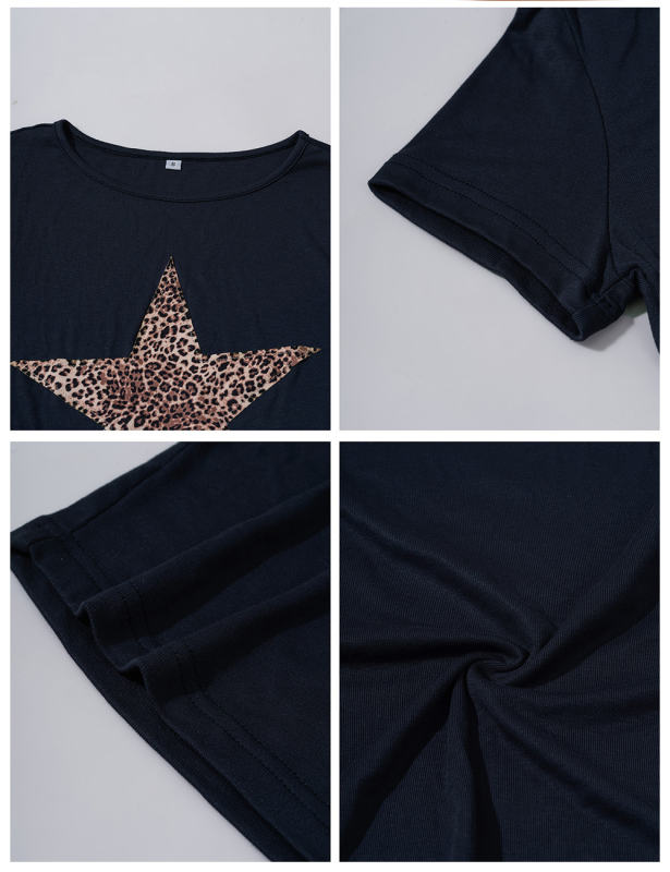 Leopard Star Print Short Sleeve Slim Tops in Black