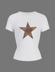 Leopard Star Print Short Sleeve Slim Tops in White
