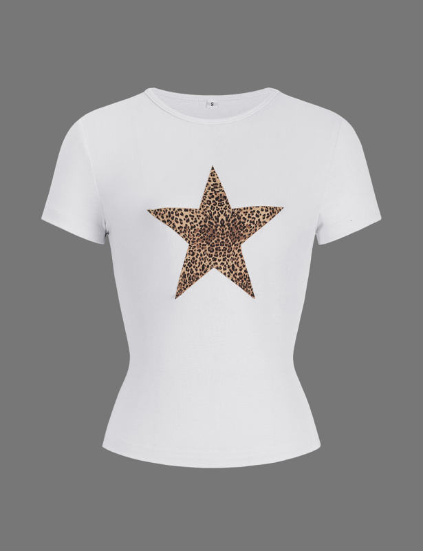 Leopard Star Print Short Sleeve Slim Tops in White