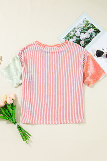 Pink Corded Colorblock Crewneck Tee