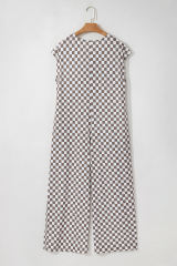 Khaki Checkered Print Buttoned Crew Neck Wide Leg Jumpsuit