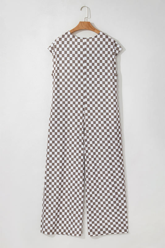 Khaki Checkered Print Buttoned Crew Neck Wide Leg Jumpsuit