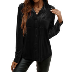 Black Solid Color Velvet Pocketed Button Shirt