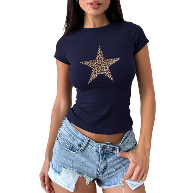 Leopard Star Print Short Sleeve Slim Tops in Navy Blue