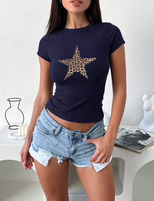 Leopard Star Print Short Sleeve Slim Tops in Navy Blue