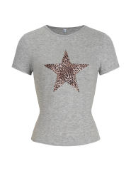 Leopard Star Print Short Sleeve Slim Tops in Grey