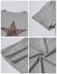 Leopard Star Print Short Sleeve Slim Tops in Grey