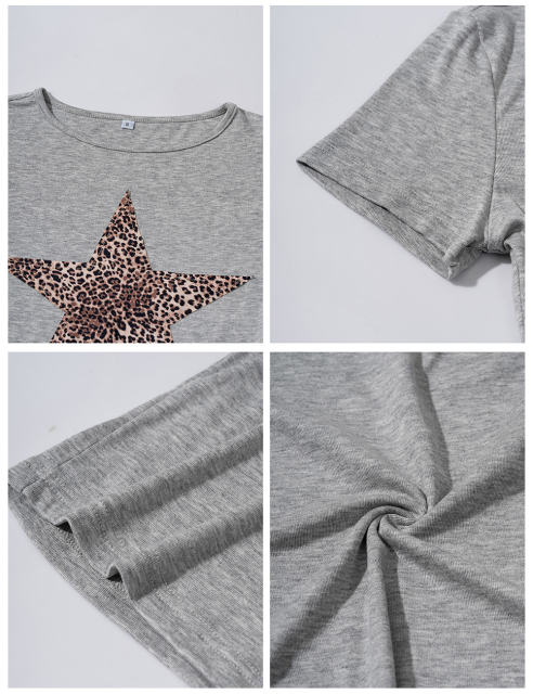 Leopard Star Print Short Sleeve Slim Tops in Grey