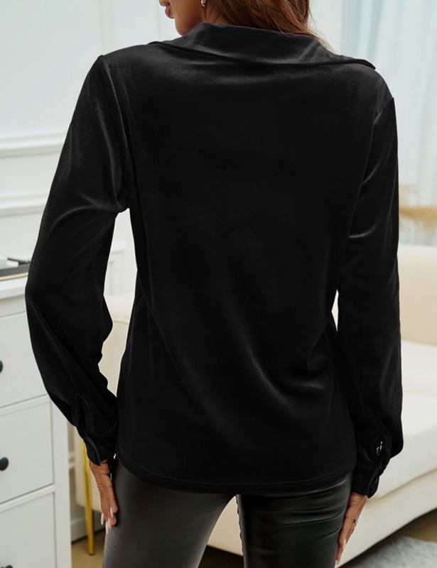 Black Solid Color Velvet Pocketed Button Shirt