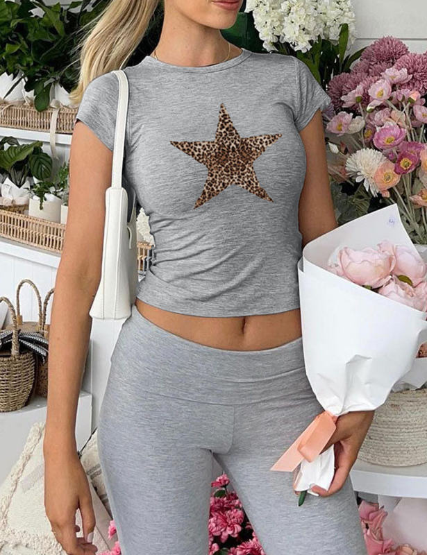 Leopard Star Print Short Sleeve Slim Tops in Grey