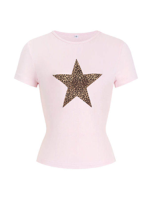 Leopard Star Print Short Sleeve Slim Tops in Pink