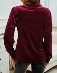 Red Solid Color Velvet Pocketed Button Shirt