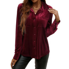 Red Solid Color Velvet Pocketed Button Shirt
