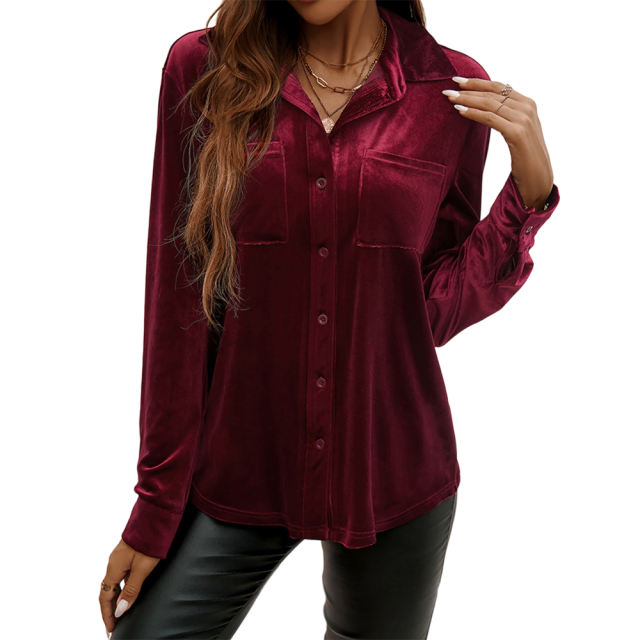 Red Solid Color Velvet Pocketed Button Shirt