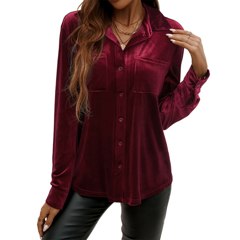Red Solid Color Velvet Pocketed Button Shirt