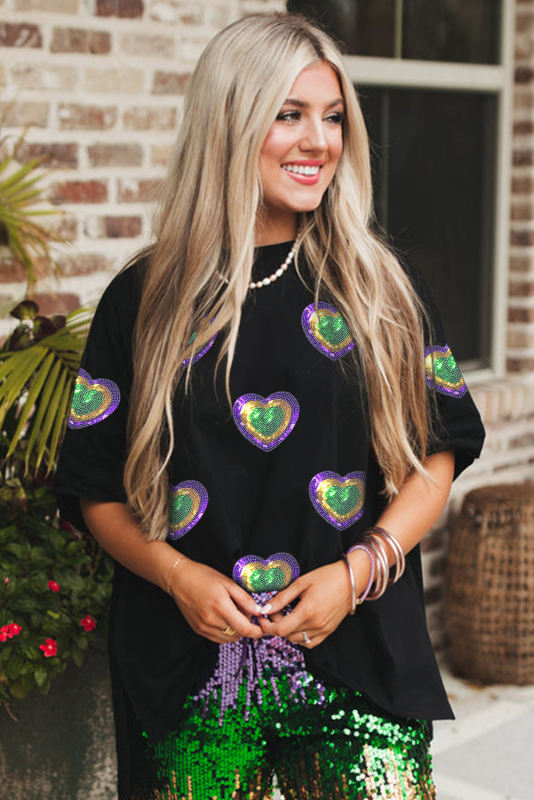 Black Sequin Mardi Gras Heart Patched Oversized T Shirt