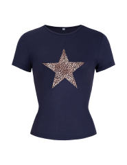 Leopard Star Print Short Sleeve Slim Tops in Navy Blue