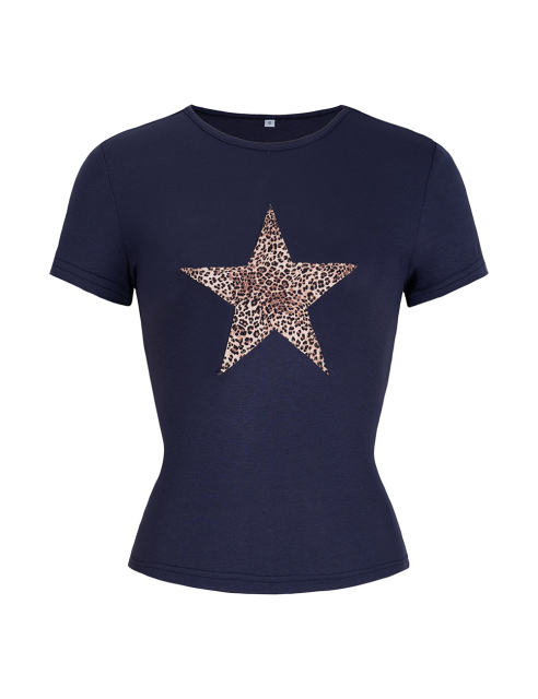 Leopard Star Print Short Sleeve Slim Tops in Navy Blue
