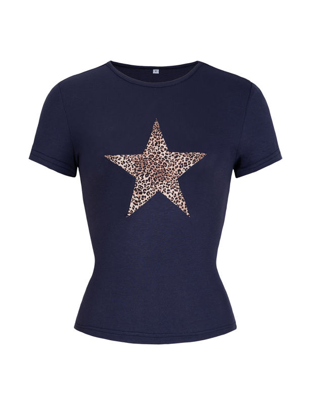 Leopard Star Print Short Sleeve Slim Tops in Navy Blue