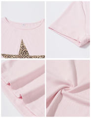Leopard Star Print Short Sleeve Slim Tops in Pink