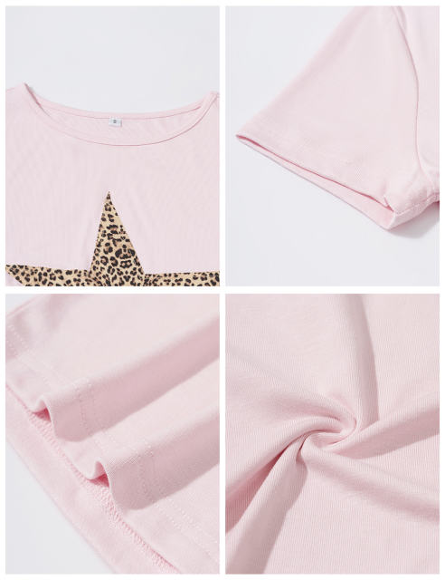 Leopard Star Print Short Sleeve Slim Tops in Pink