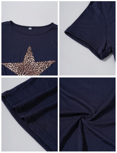 Leopard Star Print Short Sleeve Slim Tops in Navy Blue