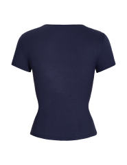 Leopard Star Print Short Sleeve Slim Tops in Navy Blue