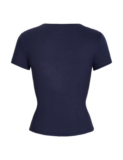 Leopard Star Print Short Sleeve Slim Tops in Navy Blue
