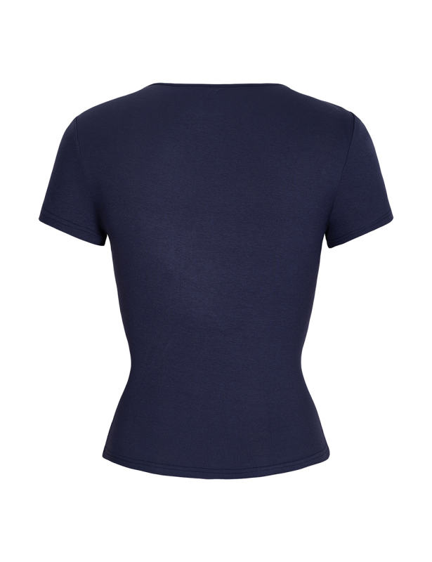 Leopard Star Print Short Sleeve Slim Tops in Navy Blue