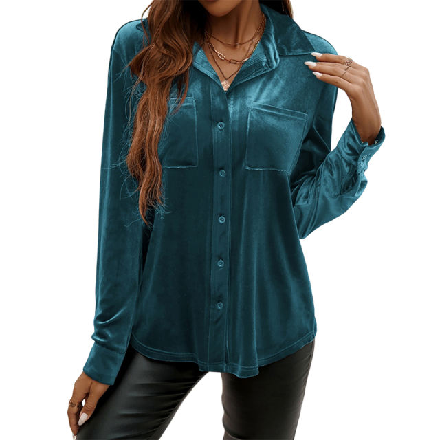 Blue Solid Color Velvet Pocketed Button Shirt