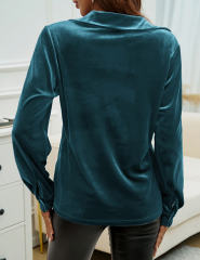 Blue Solid Color Velvet Pocketed Button Shirt
